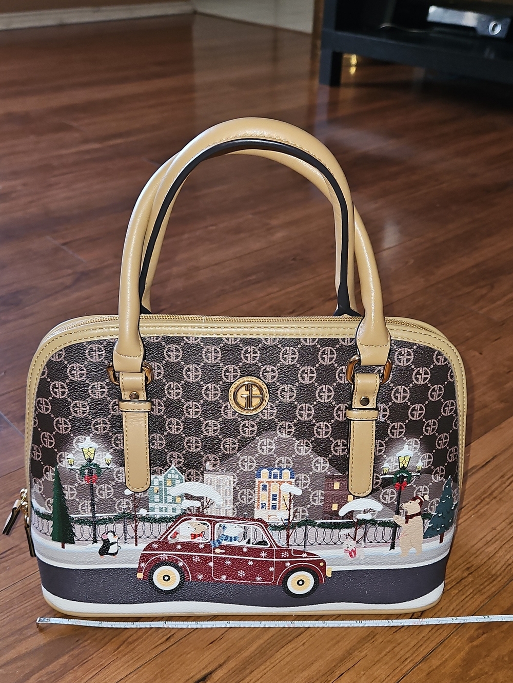 Gianibernini Tan-Trim Brown Patterned Chrismas Winter Scene Dome Satchel